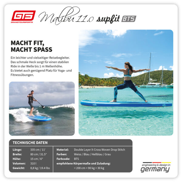 Allround StandUp Paddle Board im sportlichen Longboard-Style schmales Heck dadurch perfekt für die Welle geeignet leicht und kompakt Reisegröße Macht Fit und Spass