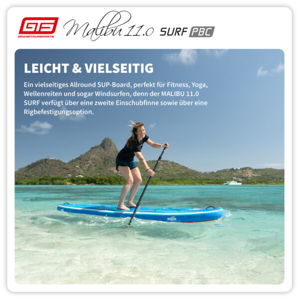 Allround StandUp Paddle Board im sportlichen Longboard-Style schmales Heck dadurch perfekt für die Welle geeignet leicht und kompakt Reisegröße mit Surf und Segel-Option Macht Fit macht Spass Actionbilder
