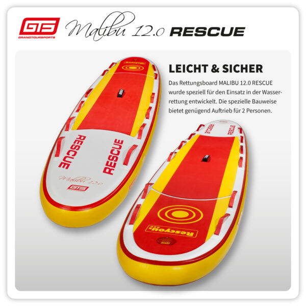 StandUp Paddle Board speziell für den Einsatz in der Wasserrettung entwickelt. Extra lange seitliche Griffe und spezielles Heck machen die Aufnahme und die Rettung einer Person einfach. Leicht hochwertig stabil und sicher. Leicht und sicher