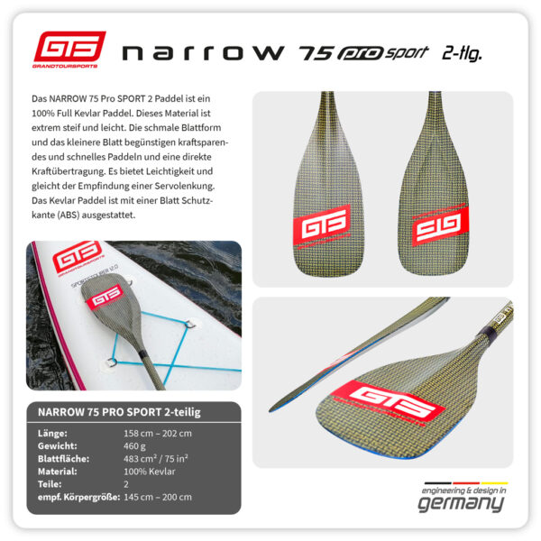 NARROW 75 Pro SPORT 100% Full Kevlar Paddel, 2-teilig,extrem steif und leicht, schmale Blattform, kleines Blatt mit Schutzkante (ABS), mit Tasche