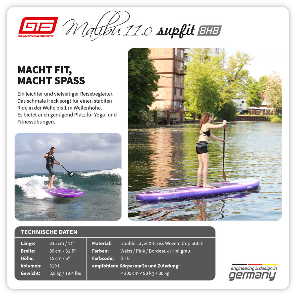 Allround StandUp Paddle Board im sportlichen Longboard-Style schmales Heck dadurch perfekt für die Welle geeignet leicht und kompakt Reisegröße Macht Fit und Spass